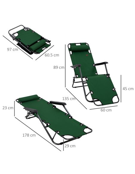 Outsunny 2 in 1 Sun Lounger Folding Reclining Chair Garden Outdoor Camping Adjustable Back with Pillow, Green 84B-043V00GN - pic 42395 | FastDaddyshop