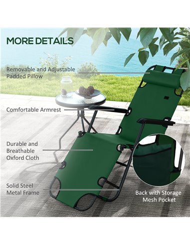 Outsunny 2 in 1 Sun Lounger Folding Reclining Chair Garden Outdoor Camping Adjustable Back with Pillow, Green 84B-043V00GN