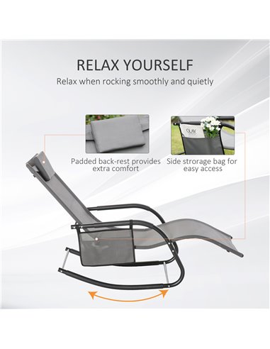 Outsunny 2Pcs Garden Rocking Chair, Patio Sun Lounger Rocker Chair w/ Breathable Mesh Fabric, Removable Headrest Pillow, Side St