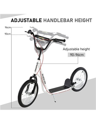 HOMCOM Teen Kids Stunt Scooter Children Kick Scooter Adjustable Handlebar 2 Brakes Ride On 16 Inch Rubber Tyres White
