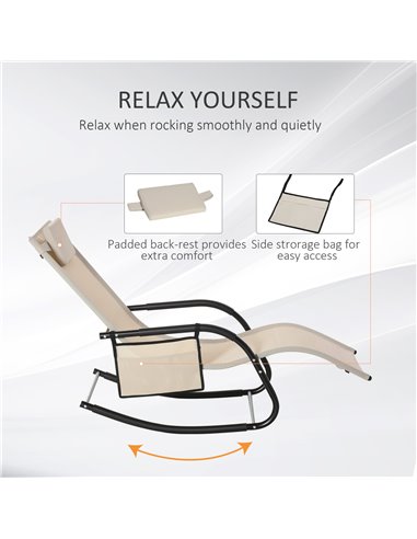 Outsunny 2Pcs Garden Rocking Chair, Patio Sun Lounger Rocker Chair w/ Breathable Mesh Fabric, Removable Headrest Pillow, Side St