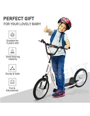 HOMCOM Teen Kids Stunt Scooter Children Kick Scooter Adjustable Handlebar 2 Brakes Ride On 16 Inch Rubber Tyres White