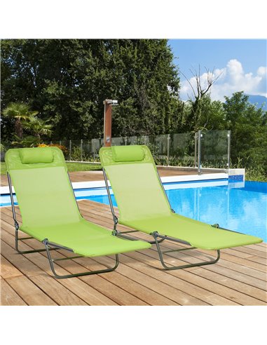 Outsunny Folding Sun Lounger Set of 2, Outdoor Day Beds with Pillow, Reclining Back, Steel Frame and Breathable Mesh for Beach, 