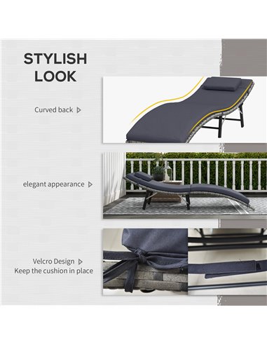 Outsunny Rattan Folding Sun Lounger Outdoor Chair with Cushion and Pillow Grey 862-018V70GY