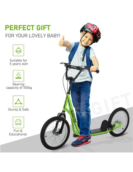 HOMCOM Teen Kids Stunt Scooter Children Kick Scooter Adjustable Handlebar 2 Brakes Ride On 16 Inch Rubber Tyres Green - pic 4248 | FastDaddyshop