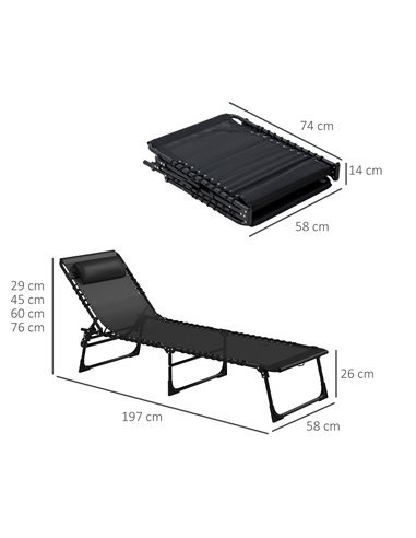 Outsunny 2 Pcs Folding Sun Lounger Beach Chaise Chair Garden Cot Camping Recliner with 4 Position Adjustable Black 84B-206V02BK