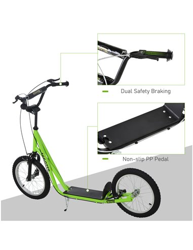 HOMCOM Teen Kids Stunt Scooter Children Kick Scooter Adjustable Handlebar 2 Brakes Ride On 16 Inch Rubber Tyres Green