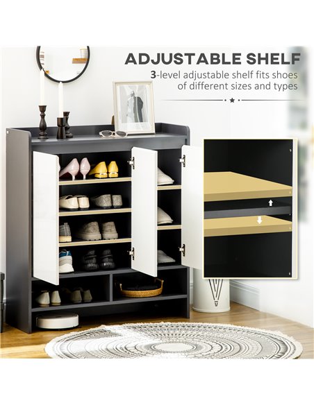 HOMCOM High Gloss Shoe Cabinet with White Doors and Open Shelves, Hallway Shoe Cupboard Storage Organizer for 24 Pairs of Shoes, - pic 42524 | FastDaddyshop