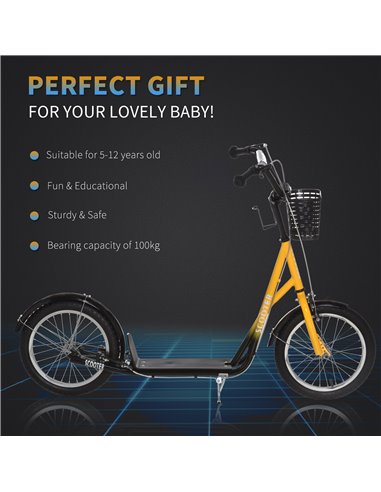 HOMCOM Kids Kick Scooter Teen Ride On Children Scooter with Adjustable Handlebar 2 Brakes Basket Cupholder Mudguard 16" Inflatab
