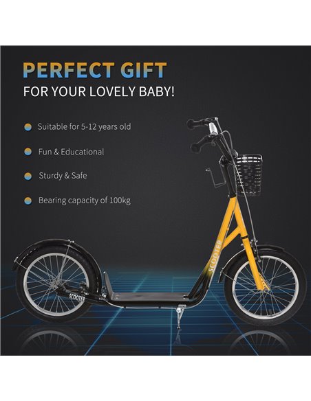 HOMCOM Kids Kick Scooter Teen Ride On Children Scooter with Adjustable Handlebar 2 Brakes Basket Cupholder Mudguard 16" Inflatab - pic 4256 | FastDaddyshop