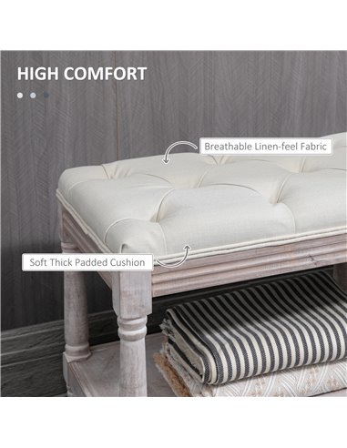 HOMCOM 2 Tier Shoe Rack Bench with Button Tufted Upholstered Cushion, Vintage Bed End Bench, Wooden Window Seat for Hallway, Liv