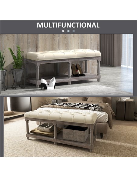HOMCOM 2 Tier Shoe Rack Bench with Button Tufted Upholstered Cushion, Vintage Bed End Bench, Wooden Window Seat for Hallway, Liv - pic 42579 | FastDaddyshop