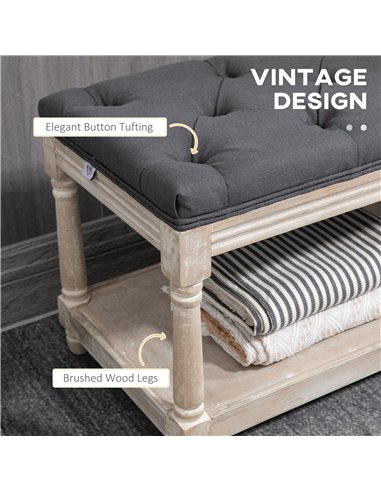 HOMCOM 2 Tier Shoe Rack Bench with Button Tufted Upholstered Cushion, Vintage Bed End Bench, Wooden Window Seat for Hallway, Liv