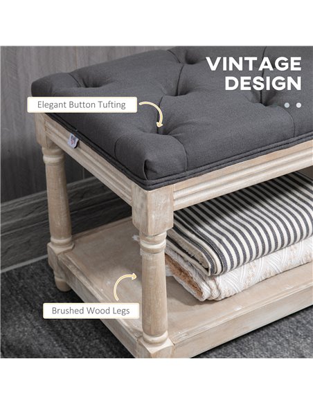 HOMCOM 2 Tier Shoe Rack Bench with Button Tufted Upholstered Cushion, Vintage Bed End Bench, Wooden Window Seat for Hallway, Liv - pic 42585 | FastDaddyshop