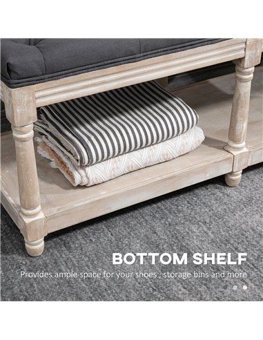 HOMCOM 2 Tier Shoe Rack Bench with Button Tufted Upholstered Cushion, Vintage Bed End Bench, Wooden Window Seat for Hallway, Liv
