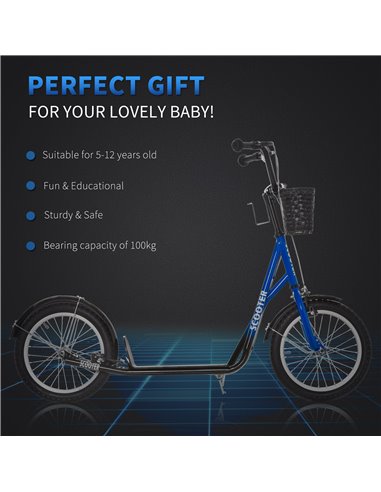 HOMCOM Kids Kick Scooter Teen Ride On Children Scooter with Adjustable Handlebar 2 Brakes Basket Cupholder Mudguard 16" Inflatab