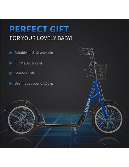 HOMCOM Kids Kick Scooter Teen Ride On Children Scooter with Adjustable Handlebar 2 Brakes Basket Cupholder Mudguard 16" Inflatab - pic 4264 | FastDaddyshop