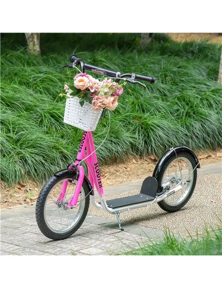HOMCOM Kids Kick Scooter Teen Ride On Children Scooter with Adjustable Handlebar 2 Brakes Basket Cupholder Mudguard 16" Inflatab - pic 4269 | FastDaddyshop