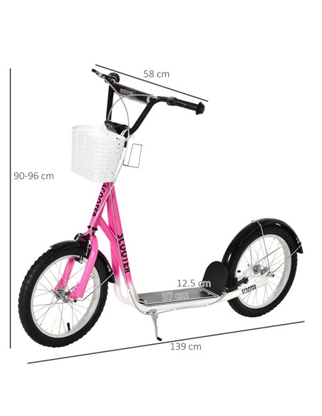 HOMCOM Kids Kick Scooter Teen Ride On Children Scooter with Adjustable Handlebar 2 Brakes Basket Cupholder Mudguard 16" Inflatab - pic 4270 | FastDaddyshop