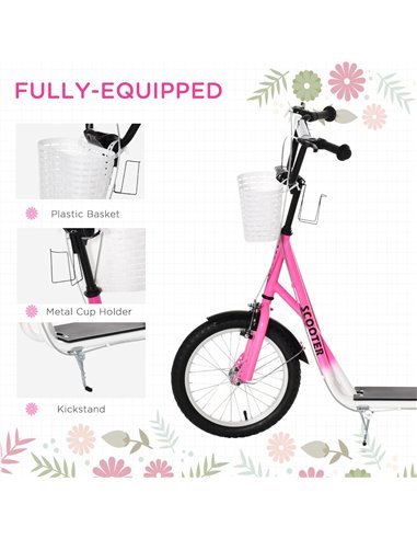 HOMCOM Kids Kick Scooter Teen Ride On Children Scooter with Adjustable Handlebar 2 Brakes Basket Cupholder Mudguard 16" Inflatab