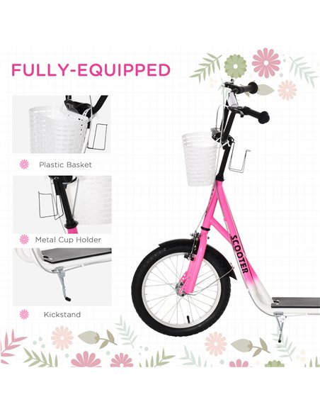 HOMCOM Kids Kick Scooter Teen Ride On Children Scooter with Adjustable Handlebar 2 Brakes Basket Cupholder Mudguard 16" Inflatab - pic 4272 | FastDaddyshop