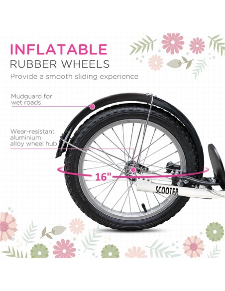 HOMCOM Kids Kick Scooter Teen Ride On Children Scooter with Adjustable Handlebar 2 Brakes Basket Cupholder Mudguard 16" Inflatab - pic 4273 | FastDaddyshop