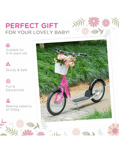 HOMCOM Kids Kick Scooter Teen Ride On Children Scooter with Adjustable Handlebar 2 Brakes Basket Cupholder Mudguard 16" Inflatab