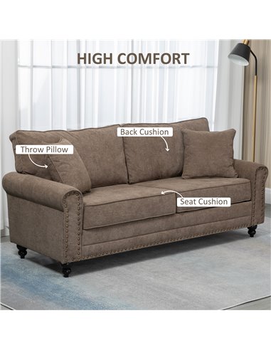 HOMCOM 2 Seater Sofas for Living Room, Fabric Sofa with Nailhead Trim, Loveseat with Cushions and Throw Pillows, Brown 839-499V7