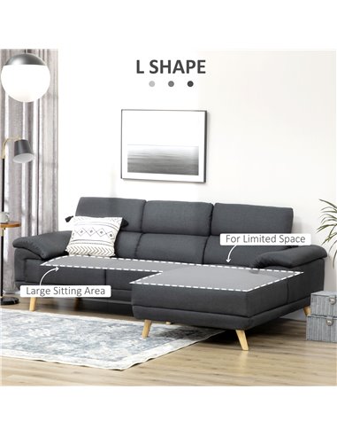 HOMCOM Corner Sofas for Living Room, Fabric L Shaped Sofa Settee with Adjustable Headrest, 3 Seater Couch, Dark Grey 839-446V01C