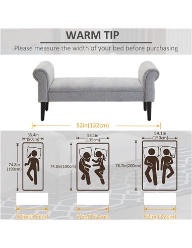 HOMCOM Bed End Side Chaise Lounge Sofa Window Seat Arm Bench Wooden Leg Linen Fabric Cover Light Grey 831-153V71LG