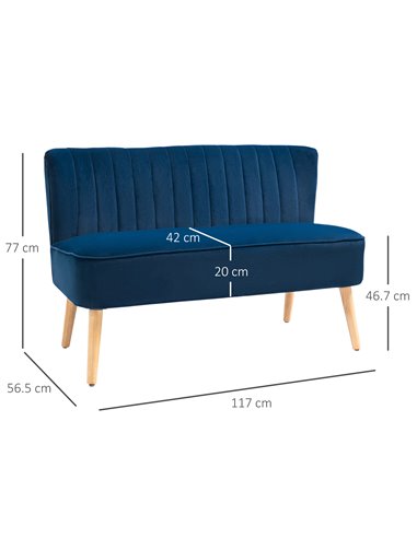 HOMCOM 117cm Velvet Two-Seat Sofa with Wood Frame, Grey 833-524V74BU