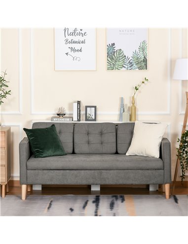 HOMCOM Modern 3-Seater Sofa Button-Tufted Fabric Couch with Hidden Storage Rubberwood Legs for Living Room, Grey 839-033V71GY