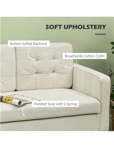 HOMCOM Modern Loveseat Sofa, Compact 2 Seater Sofa with Hidden Storage, 117cm Tufted Cotton Couch with Wood Legs, Cream White 83