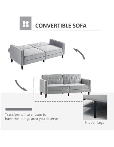 HOMCOM Modern Convertible Sofa Futon Velvet-Touch Tufted Couch Compact Loveseat with Adjustable Split Back, Light Grey 839-076V7