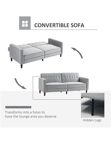 HOMCOM Modern Convertible Sofa Futon Velvet-Touch Tufted Couch Compact Loveseat with Adjustable Split Back, Light Grey 839-076V7 - pic 42900 | FastDaddyshop