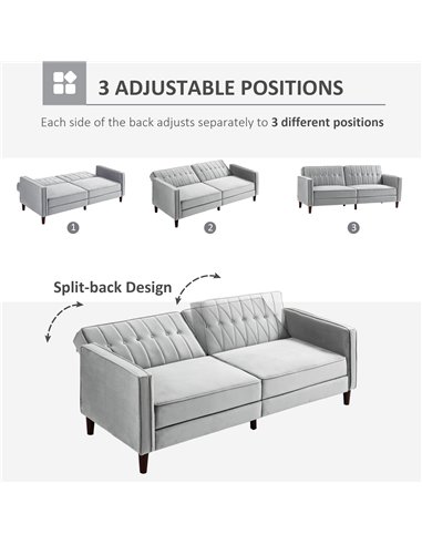HOMCOM Modern Convertible Sofa Futon Velvet-Touch Tufted Couch Compact Loveseat with Adjustable Split Back, Light Grey 839-076V7