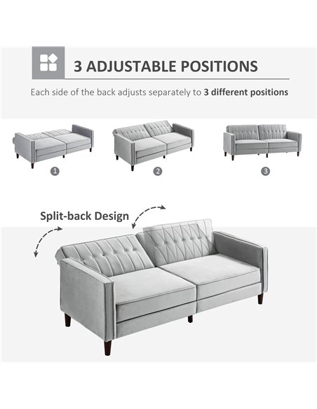 HOMCOM Modern Convertible Sofa Futon Velvet-Touch Tufted Couch Compact Loveseat with Adjustable Split Back, Light Grey 839-076V7 - pic 42901 | FastDaddyshop