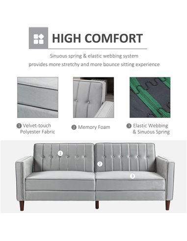 HOMCOM Modern Convertible Sofa Futon Velvet-Touch Tufted Couch Compact Loveseat with Adjustable Split Back, Light Grey 839-076V7