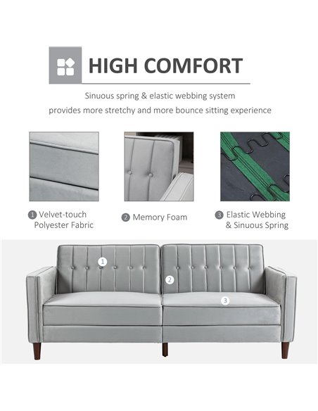 HOMCOM Modern Convertible Sofa Futon Velvet-Touch Tufted Couch Compact Loveseat with Adjustable Split Back, Light Grey 839-076V7 - pic 42902 | FastDaddyshop