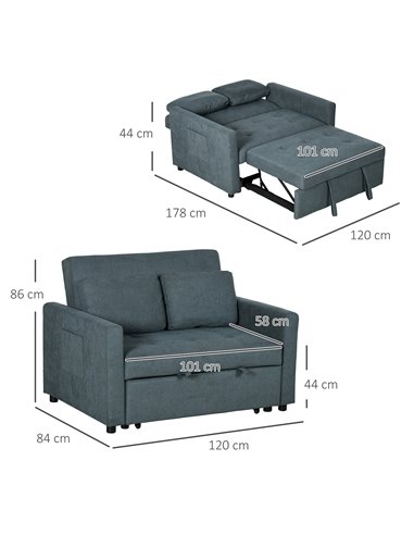 HOMCOM Loveseat Sofa Bed, Convertible Bed Settee with 2 Cushions, Side Pockets for Living Room, Charcoal Grey 839-900V70CG