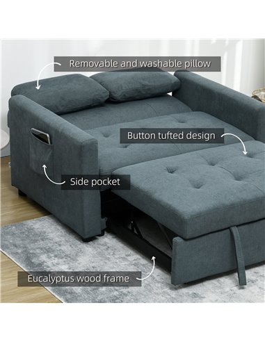 HOMCOM Loveseat Sofa Bed, Convertible Bed Settee with 2 Cushions, Side Pockets for Living Room, Charcoal Grey 839-900V70CG