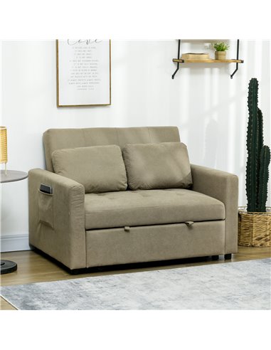 HOMCOM Loveseat Sofa Bed, Convertible Bed Settee with 2 Cushions, Side Pockets for Living Room, Light Brown 839-900V70LR