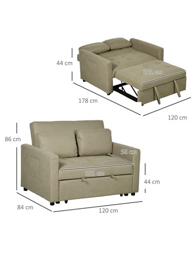 HOMCOM Loveseat Sofa Bed, Convertible Bed Settee with 2 Cushions, Side Pockets for Living Room, Light Brown 839-900V70LR