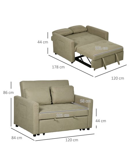 HOMCOM Loveseat Sofa Bed, Convertible Bed Settee with 2 Cushions, Side Pockets for Living Room, Light Brown 839-900V70LR - pic 42917 | FastDaddyshop