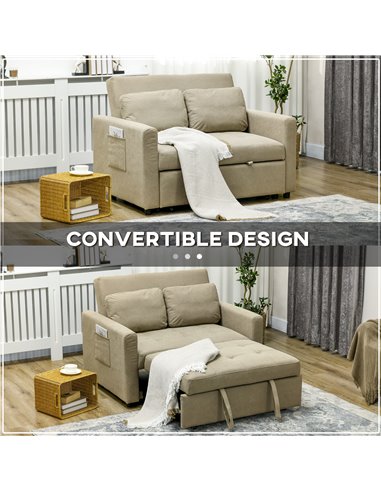 HOMCOM Loveseat Sofa Bed, Convertible Bed Settee with 2 Cushions, Side Pockets for Living Room, Light Brown 839-900V70LR