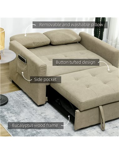 HOMCOM Loveseat Sofa Bed, Convertible Bed Settee with 2 Cushions, Side Pockets for Living Room, Light Brown 839-900V70LR
