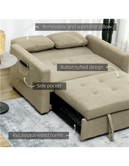 HOMCOM Loveseat Sofa Bed, Convertible Bed Settee with 2 Cushions, Side Pockets for Living Room, Light Brown 839-900V70LR - pic 42921 | FastDaddyshop