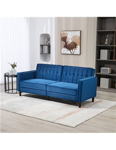 HOMCOM Modern Convertible Sofa Futon Velvet-Touch Tufted Couch Compact Loveseat with Adjustable Split Back, Blue 839-076V73BU