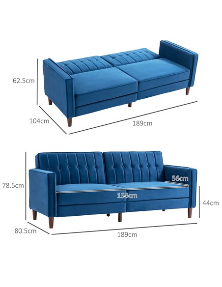 HOMCOM Modern Convertible Sofa Futon Velvet-Touch Tufted Couch Compact Loveseat with Adjustable Split Back, Blue 839-076V73BU - pic 42926 | FastDaddyshop