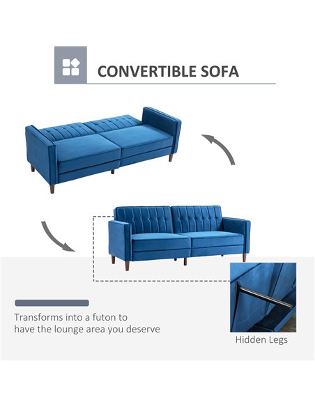 HOMCOM Modern Convertible Sofa Futon Velvet-Touch Tufted Couch Compact Loveseat with Adjustable Split Back, Blue 839-076V73BU - pic 42927 | FastDaddyshop